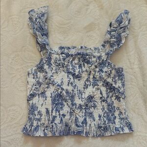 Girls Blue and White Smocked Floral Ruffle Tank Top
